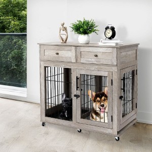 Furniture-Style Dog Crate - Modern Wooden Pet Kennel with Wheels, XXL Heavy Duty Dog Cage As End Table, Multi-Functional Living Room Pet Furniture - 1 of 4