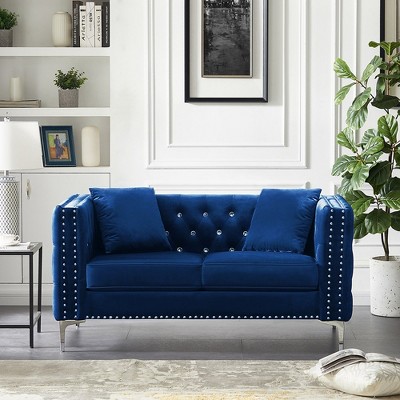 Modern Velvet Loveseat Sofa, With Jeweled Buttons, Square Arm, 2 Pillows, Comfortable Upholstered Sofa, For Living Room Bedroom Apartment