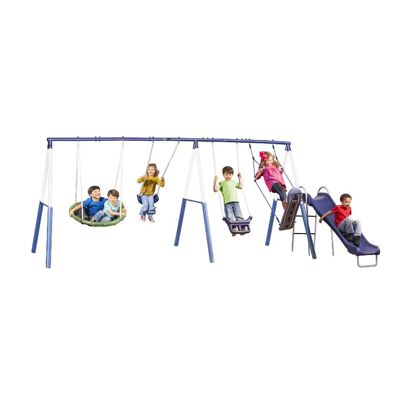 XDP Recreation Surf N Swing 5 Station Kids Outdoor Backyard Play Set with Wave Slide, Super Disc, Surfboard Swing, Stand R Swing, and More, Blue, 2 of 7