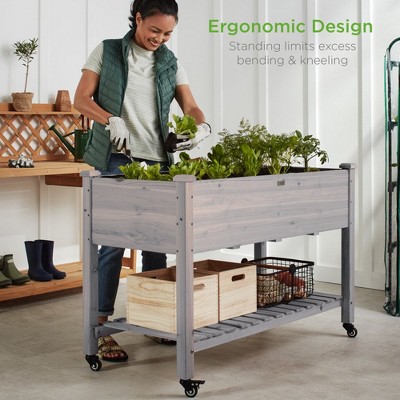 Gray Wooden Mobile Elevated Garden Bed with Shelf and Wheels
