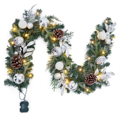9FT Christmas Garland with Lights,Champagne Gold,Pre-Lit Christmas Garland with Ball Ornaments,Ribbons & Artificial Antlers for Door Mantle Stairs