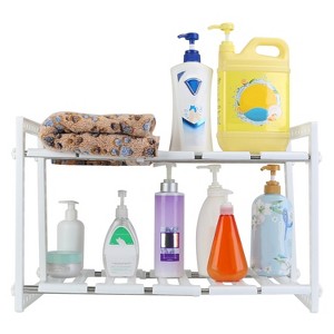 iMountek"2-Tier Under Sink Organizer Rack - Retractable, Space-Saving Storage Shelf, 22LBS Max Load"White - 1 of 4