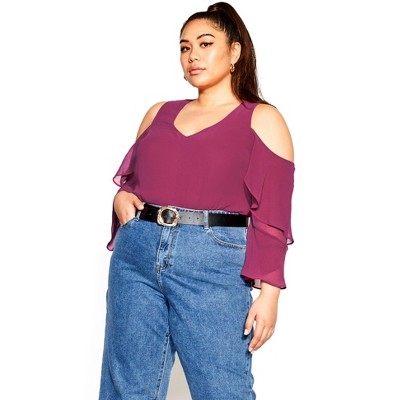 Women's Plus Size Hi Lo Cold Shoulder Top - sangria | CITY CHIC
