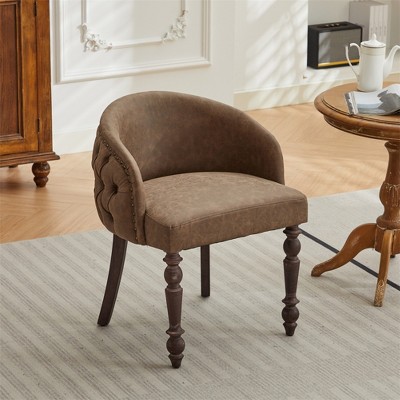 Accent Leisure Chair, Button Decoration PU Leather Dining Chair Mid-Century Modern Arm Chair with Wood Armrests & Legs for Living Room Office Kitchen