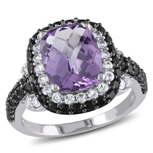 EVERLY JEWELRY | Sterling Silver 4 1/2 CT TGW Amethyst, Created White Sapphire and Black Spinel Double Halo Ring - 1 of 3