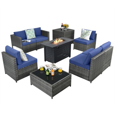 Tangkula 9 PCS Rattan Dinning Set Wicker Sofa w/Propane Gas Fire Pit 60,000 Btu Heater