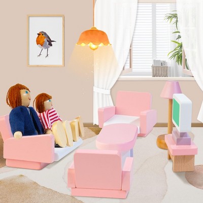 Etokfoks Wooden Dollhouse Furniture Set 26 pcs with 4 Family Dolls for Living Room Bathroom Kitchen Bedroom Pretend Play Ages 3+ — фото 3