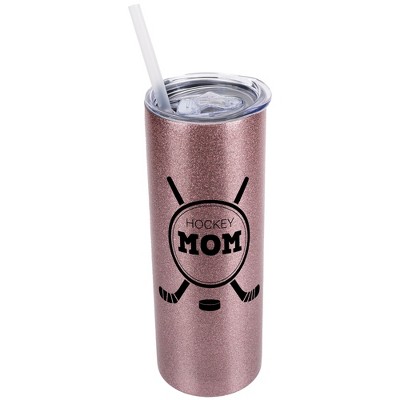 Elanze Designs Bubblegum Pink 20 Ounce Double Wall Stainless Steel Glitter Travel Tumbler With Sliding Lid And Straw, Hockey Mom