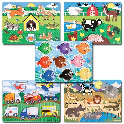 Kaplan Early Learning Company Animal and Sea Life Peg Puzzles Classroom Set - Set of 5