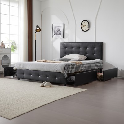 KTMBDW Upholstered Queen Platform Storage Bed Frame with 4 Drawers, Adjustable Headboard with Button Tufted Design, No Box Spring Needed, Black