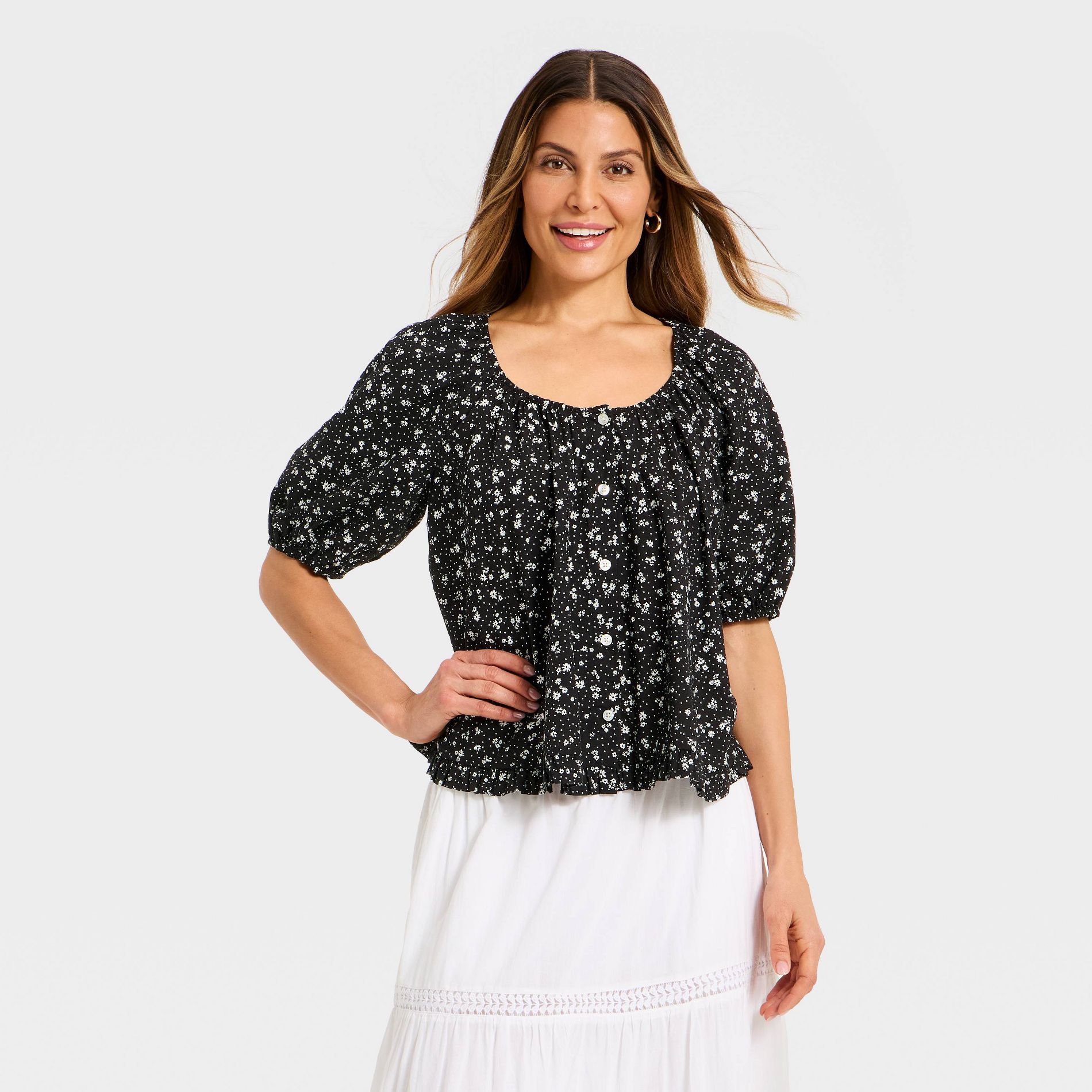 Women's Puff Short Sleeve Button-Up Peasant Top - Universal Thread™
