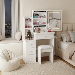 FONTOI 29.2"W/37"W/41"W Makeup Vanity Table Desk with Mirror Left Bedside Cabinet Stool Dresser Set for Woman Bedroom Dressing Room, Black/White - 1 of 4