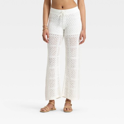 Women's Mid-Rise Wide Leg Openwork Pull-On Pants - Universal Thread™ White