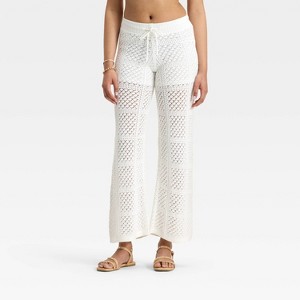 Women's Mid-Rise Wide Leg Openwork Pull-On Pants - Universal Thread™ White - 1 of 3