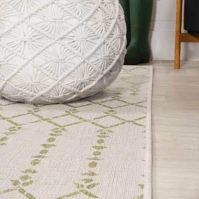 Cream and Green Geometric Synthetic Square Rug