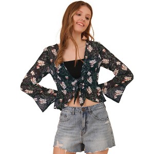 INSPIRE CHIC Women's Floral Semi Sheer Elegant Tie Front Bolero Chiffon Shrug Top Shirts - 1 of 4