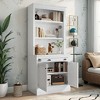 Tall Bookshelf And Bookcase-Freestanding Pantry Cabinet With LED Lights-Solid Wood-With Door And Open Shelves-For Living Room-Home Office-White - 3 of 4