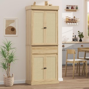Kitchen Pantry Cabinet, Tall Storage Cabinet with Rattan Doors and Adjustable Shelves, Freestanding Cupboard with Drawer - 1 of 4