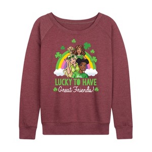 Women's - Barbie - Lucky To Have Great Friends Lightweight French Terry Wide Neck Long Sleeve Shirt - 1 of 4