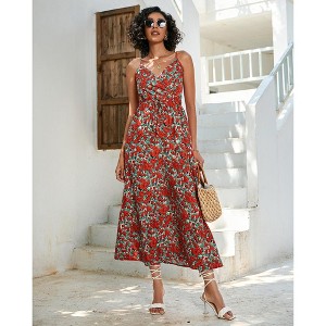 Women's Summer Floral Dress, Spaghetti Strap Midi Dress with Waist - Cinching Design - 1 of 4