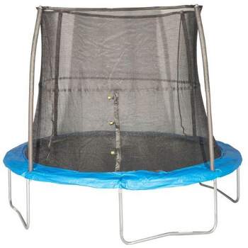 JumpKing Kids 10 Foot Gymnastic Round Trampoline with Dual Safety Enclosure Net, W Style Legs, and Padded Frame for Outdoor Backyard Bouncing, Blue