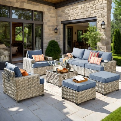 XIZZI All-Weather Rattan Furniture, Sectional Sets w/ Optional Solar Light-Up Coffee Table & Ottoman, Choose 6-9pc Configs in 8 Fade Resistant Colors