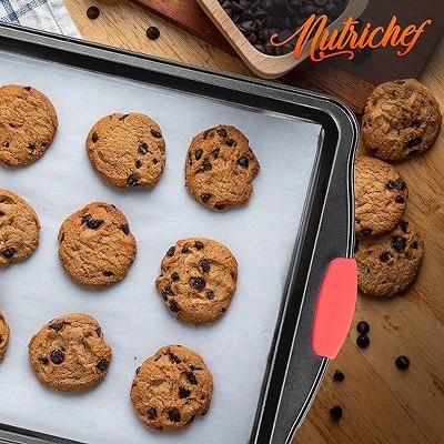 Large Black Nonstick Carbon Steel Cookie Sheet with Red Silicone Handles