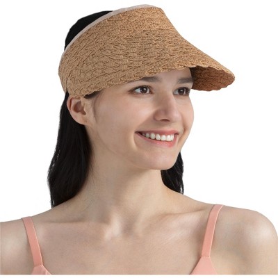 Sun Cube Women Sun Visor Hat, Straw Beach Hat Wide Brim UV Protection, Foldable Packable Cap, Roll Up Ponytail Summer Visor
