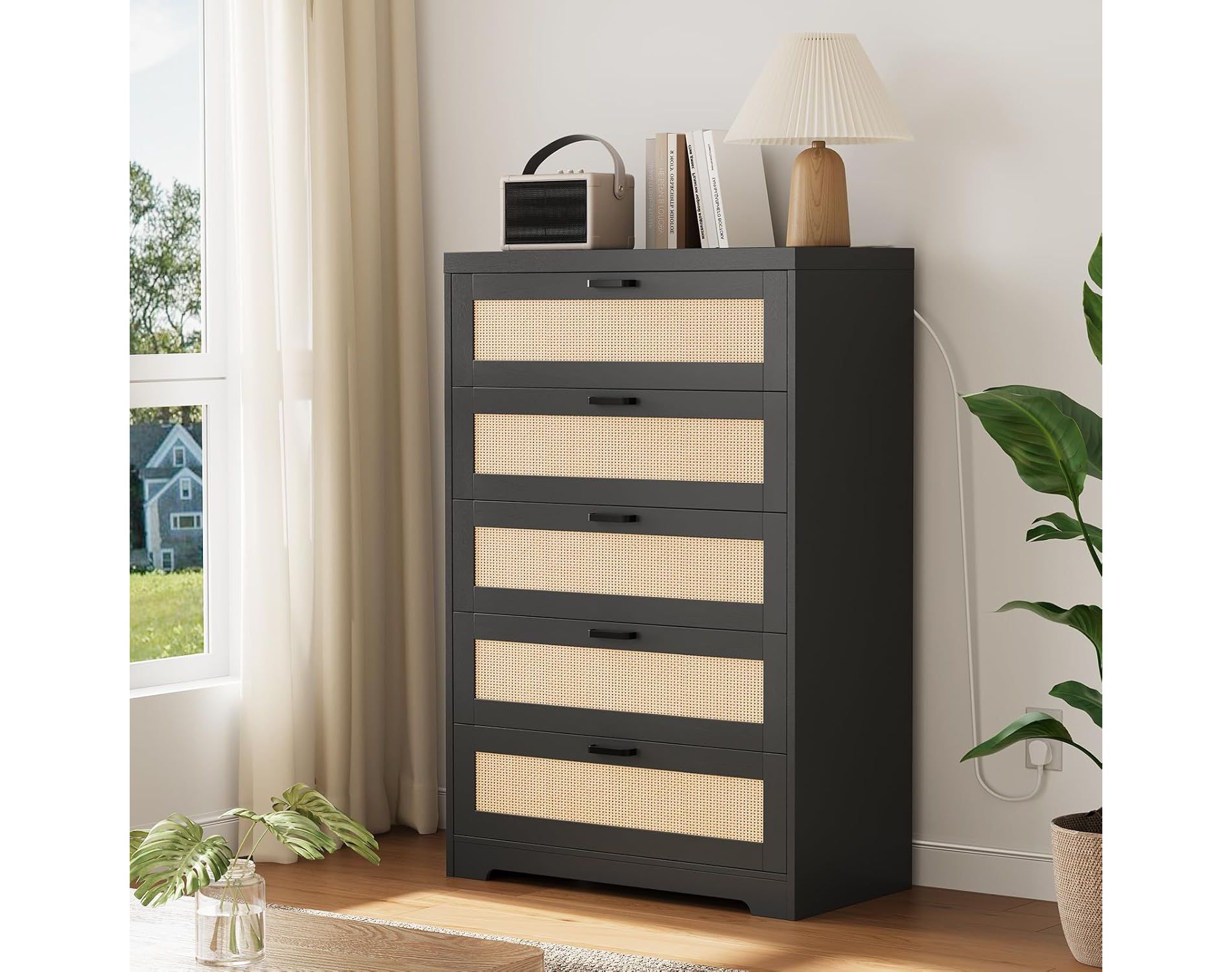 5-Drawer Rattan Dresser - Wide Top Wood Storage w/ Metal Handles for Bedroom & Living Room