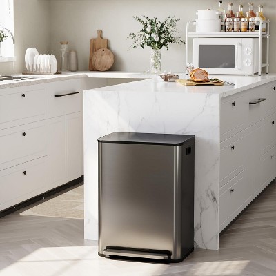 2x8 Gallon Dual Kitchen Trash Can with Soft-Close Lid, Step Garbage Can with Removable Inner Bucket, 60 Liter Stainless Steel Waste Container