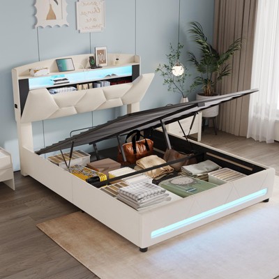 Lift Up Storage Bed Frame, Upholstered Platform Bed with Led Lights & Hydraulic Storage