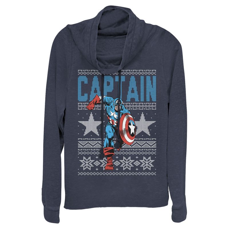 Juniors Womens Marvel Ugly Christmas Captain America Star Cowl Neck Sweatshirt, 1 of 4