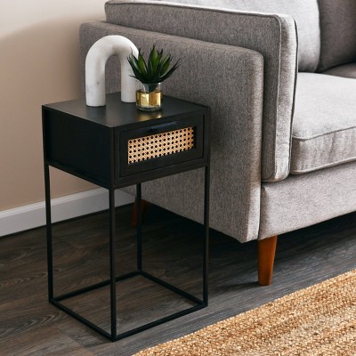 Compact Black Mango Wood Nightstand with Woven Cane Drawer