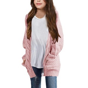 Girls Long Sleeve Cardigan Sweaters Open Front Cable Knit Chunky Cardigans Kids Oversized Cute Outerwear Coat - 1 of 3