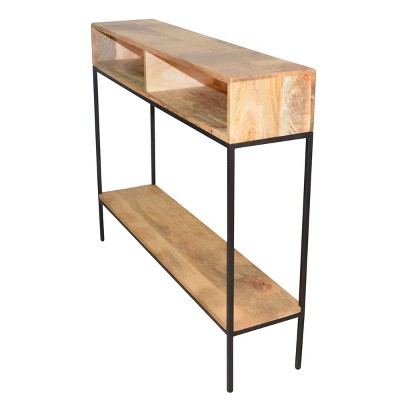 Natural Mango Wood and Black Metal Console Table with Storage