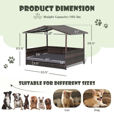Medium Brown Wicker Outdoor Dog House with Grey Cushion