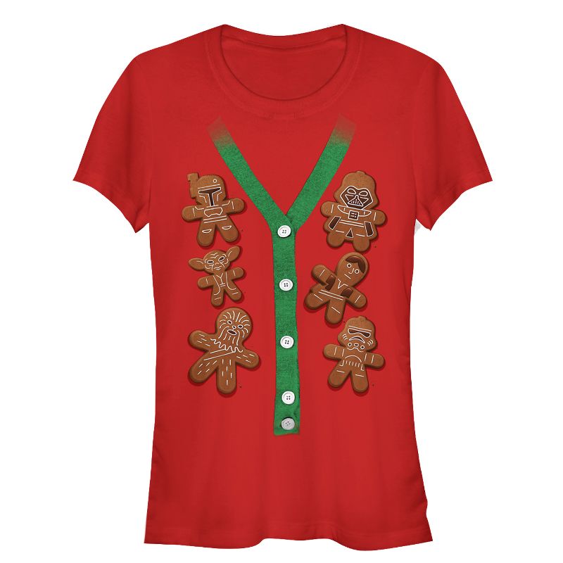 Juniors Womens Star Wars Christmas Cookies Cardigan Print T-Shirt, 1 of 4