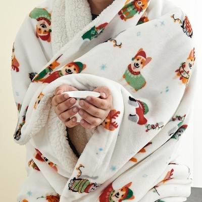 Corgi and Cat Christmas Sherpa Fleece Throw Blanket 50" x 60"