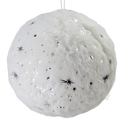 Northlight 5-Inch White Fur Christmas Ball Ornament with Silver Stars