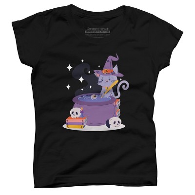 Girl's Design By Humans Halloween Kitty Cauldron By machmigo T-Shirt