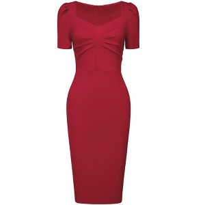 Hobemty Women's Vintage Sweetheart Neck Puff Short Sleeve Midi Pencil Dress - 1 of 4