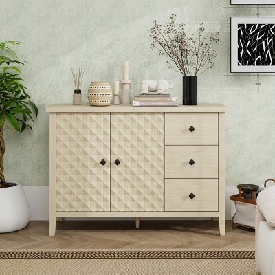 Storage Cabinet With 2 Embossed Doors And 3 Drawers,Sideboard Or Buffet,Kitchen Cabinet Storage,Decorative Entryway Cabinet-Maison Boucle