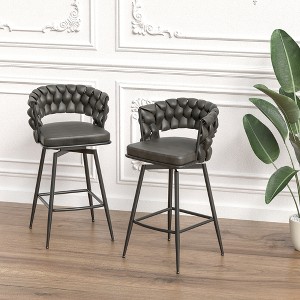 28" Technical Leather Woven Bar Stool Set of 2, 360¡ã Swivel Upholstered Counter Stools with Back, Footrest and Metal Legs - 1 of 4