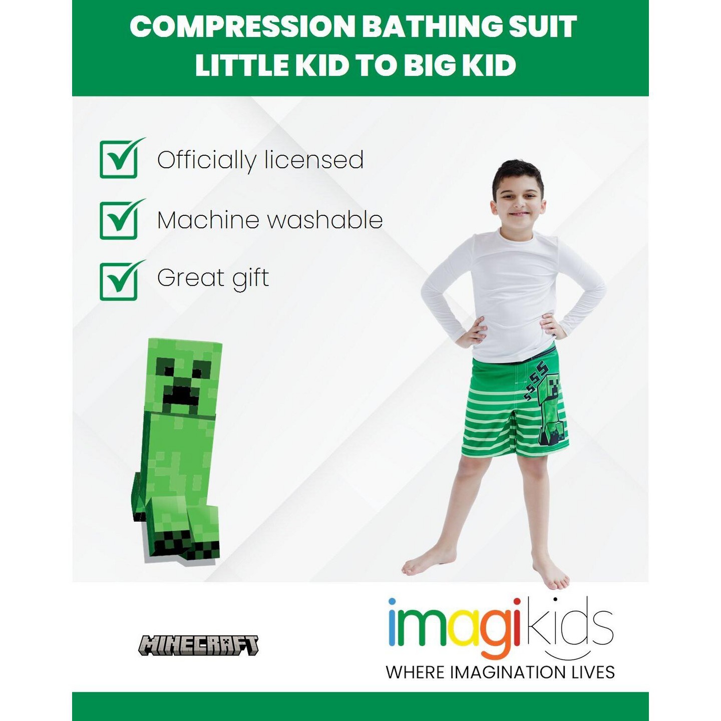 Minecraft Creeper Big Boys UPF 50+ Compression Swim Trunks Green Stripes 10-12, цвет: Зелёный — фото 3