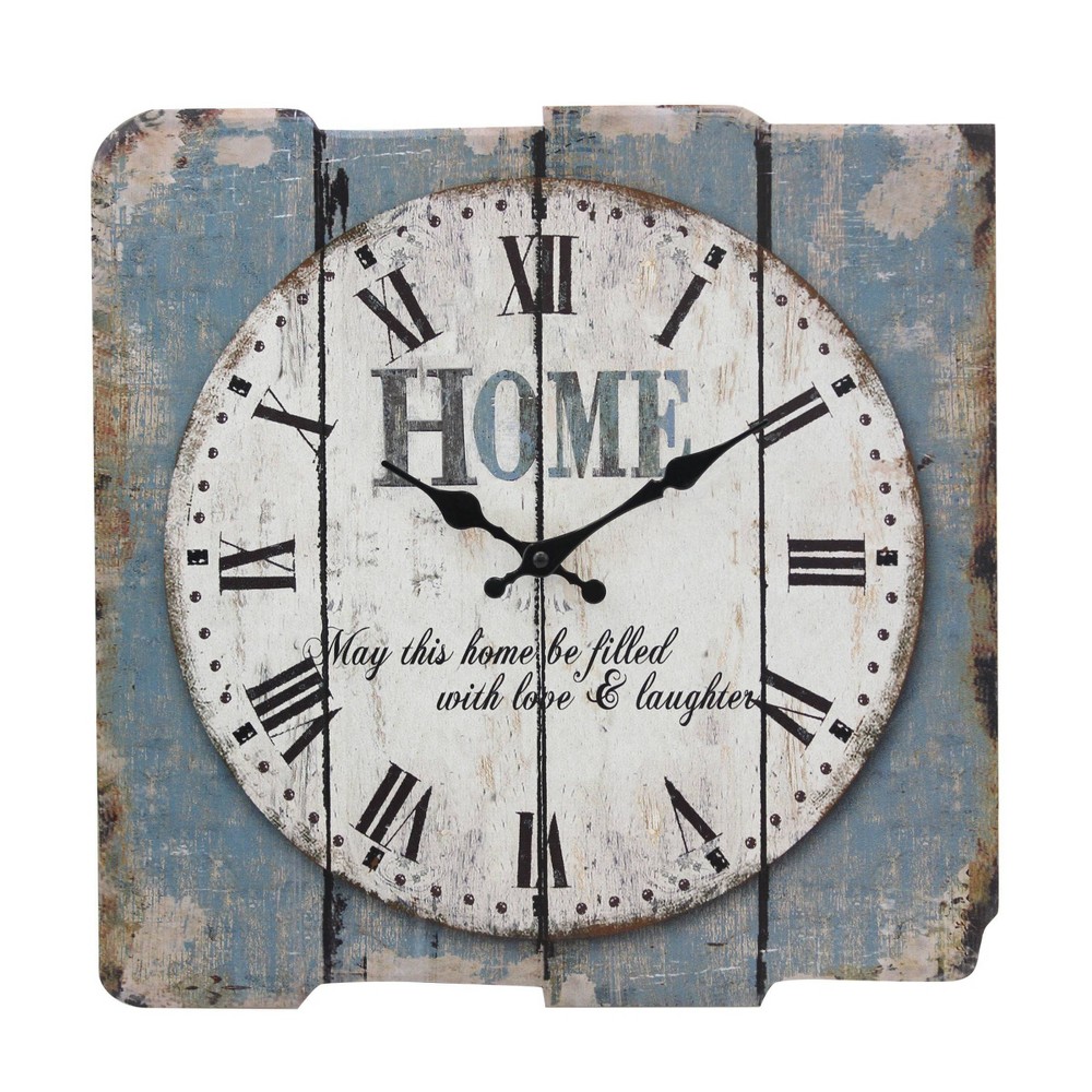 15.7" x 15.7" Decorative Farmhouse Wooden Wall Clock Blue/White - Stonebriar Collection: MDF Square Analog Indoor Timepiece
