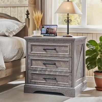 Nightstand with Charging Station, 24" Wide Farmhouse End Table with 3 Drawers & Handles, Night Stand Bedside Table for Bedroom, Living Room