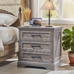 Nightstand with Charging Station, 24" Wide Farmhouse End Table with 3 Drawers & Handles, Night Stand Bedside Table for Bedroom, Living Room - 1 of 4