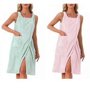 INSPIRE CHIC Women's 2 Pcs Shower Wrap Wearable Button Bath Towel Robe Sleeveless Snap Dress with Pockets - 1 of 4