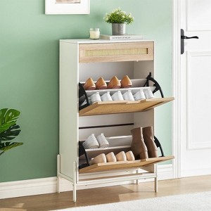 Natural Rattan Shoe Cabinet with 2 Flip Drawers – Freestanding Shoe Rack with Adjustable Shelf & Metal Legs for Entryway, Hallway - 1 of 4