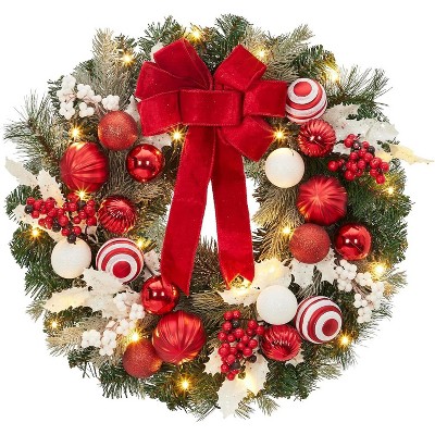 GAOMON Pre-Lit Christmas Wreath for Front Door, 24 Inch Large Lighted Wreath with Xmas Balls, Red Bow & Berries